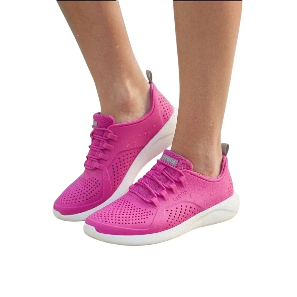 Crocs LiteRide Pacer Kids Shoes‎ J4 Electric Pink Perforated Sneakers 206011